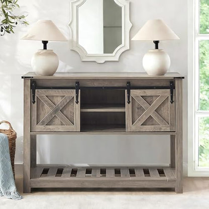 Grey Farmhouse Entryway Table, Rustic Hallway Table with Storage Shelf, Sofa Table with Sliding Barn Doors for Hallway, Entryway, Living Room, Foyer - color: Grey