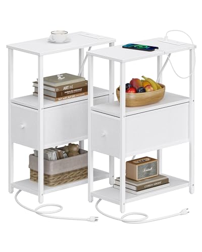 TUTOTAK Small Narrow End Table with Charging Station, Set of 2, Side Table with Outlets, Nightstand with Cloth Drawer, Couch Table, for Living Room, Bedroom, Bedside, White TB01BW058 - color: White, style: 1 Drawer & Plug