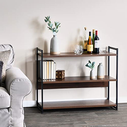 Household Essentials Jamestown Wide 3 Shelf Open Storage Bookshelf Mid Century Walnut Wood Grain and Black Metal - color: Walnut