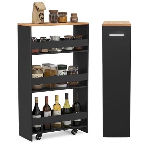 LOKO 4-Tier Rolling Storage Cart, 8 Inches Slim Kitchen Cart on Wheels with Open Shelves & Handle, Laundry Room Cart Between Washer and Dryer, for Bathroom Next to Fridge (Black & Natural) - color: Black & Natural