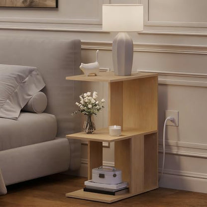 MAHANCRIS End Table with Charging Station, C-Shaped Narrow Side Table, Natural Nightstand with Storage, Narrow Bedside Table for Small Spaces, End Tables Living Room, Bedroom, Easy Assembly, ETNA18E01 - color: Natural