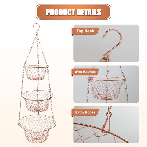 Hanging Fruit Basket – 3 Tier Hanging Baskets for Kitchen – Heavy Duty Wire Fruit and Vegetable Basket with Hooks, Copper Finish 32 Inches Kitchen Organizer, Storage Rack, Durable Iron