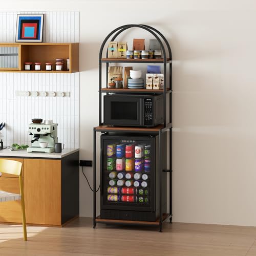 Arched Metal Mini Fridge Stand with Power Outlet and Wheels, Black | 4-Tier Microwave Organizer Stand and Mini Fridge Shelf with Storage for Kitchen, Dorm, Living Room and Small Space