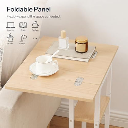 HOOBRO Foldable C Shaped End Table, C Shaped Side Table with Storage Shelf, Small Snack Table, Slide Under Couch Table for Sofa, Living Room Bedroom Small Spaces Easy Assembly, Natural WN29SF01 - color: White + Natural