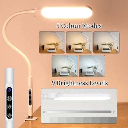 BQAN LED Desk Lamp with Clamp 15W Eye-Caring Clip on Light for Home White | 5 Modes & 9 Brightness | Adjustable Gooseneck | Touch Dimmer | Clamp Desk Design | For Reading, Study, Nail Art, Work - color: White