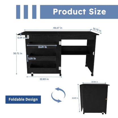 HRVEOCEI 4-in-1 Folding Sewing Table with Storage, Sewing Desk Foldable with Lockable Wheels & Power Socket, Sewings Machine Cabinet & Craft Desk with Shelves, Compact Design (Black, 45 Inch) - color: Black, size: 45 Inch