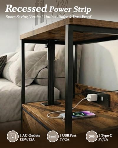 Faesun Swivel Lift Top Nightstand with Charging Station, Rolling Night Stand with Fabric Drawer, Adjustable Bedside Table for Bedroom, Living Room, Brown, Pro - color: 01 - Brown (Tray Top), size: 1 Drawer