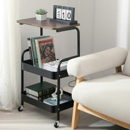 Y YOMA 3 Tier Rolling Utility Cart with Table Top, Metal Storage Organizer with Wheels for Small Space, Office, Kitchen, Bathroom, Dorm, Coffee Station - Black