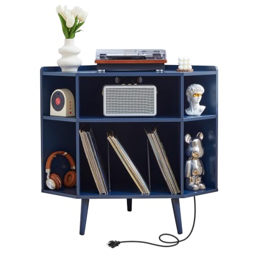 Corner Record Player Stand with Charging Station & USB Ports, 3 Tier Mid Century Modern Vinyl Record Storage Cabinet, Wood Turntable Stand for Music Room, Living Room, Small Space (Blue) - color: Blue