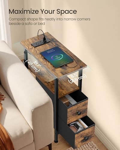 SONGMICS Side Table, Nightstand with Charging Station, End Table with LED Lighting, 2 Drawers, for Living Room, Bedroom, Set of 2, Rustic Brown, BELLAH Collection ULGS012K101 - color: Rustic Brown, size: 2 Pack (8.5"D x 18.1"W x 23.8"H)