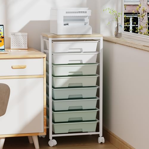 Rolling Cart with 8 Drawers, Storage Drawers Cart with Wooden Tabletop and Lockable Wheels, Craft Storage for Living Room, Office, Classroom, Craft Room, Bedroom - color: Green