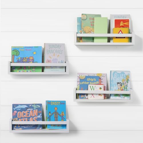 Nursery Room Shelves Set of 4, Wood Floating Book Shelves for Kids Room, Baby Book Shelf for Nursery, Kitchen Spice Rack (Classic White) - color: White