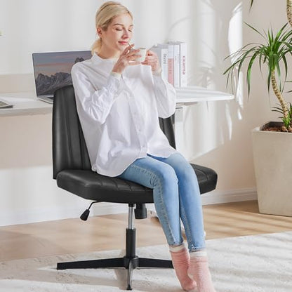 OLIXIS Criss Cross Chair, Vanity Chair, Home Office Desk | Armless No Wheels Wide Seat, Height Adjustable Swivel, Padded PU Leather, Bedroom Student Study, Black Dual Base - color: Black Dual Base
