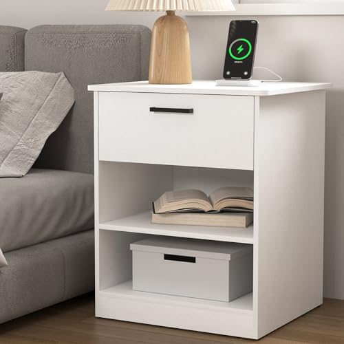 Night Stand with Charger Station, Modern Nightstand with USB Type-C Ports and AC Outlets, Large Bedside Table with Drawer and Open Storage, Wooden End Table for Bedroom (White, 1 Drawer) - color: White, size: 1 Drawer