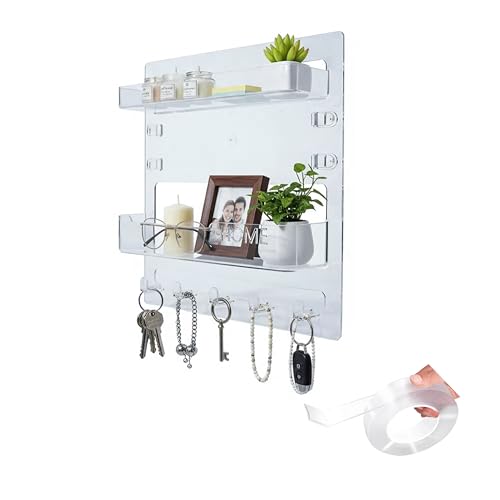 Bedside Shelf with Nanotape, No Drill Wall Mounted Organizer for Phone & Remote, Floating Charging Shelf for Dorm, Apartment, RV, Small Space Bedroom Decor for College Girl,Clear