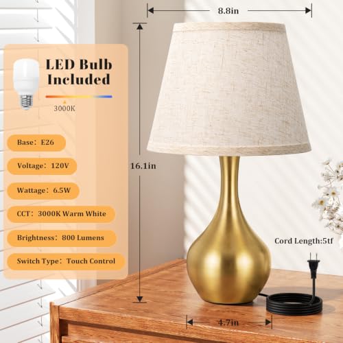 Seealle Touch Table Lamp for Bedroom, 3-Way Dimmable Small Bedside Lamps for Night Stands with Wires, Gold Desk Lamp for Kids Room, Office, Living Room, End Table(LED Bulb Included) - color: D. D:Beige Shade & Gold Base