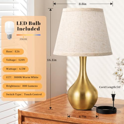 Seealle Touch Table Lamp for Bedroom, 3-Way Dimmable Small Bedside Lamps for Night Stands with Wires, Gold Desk Lamp for Kids Room, Office, Living Room, End Table(LED Bulb Included) - color: D. D:Beige Shade & Gold Base