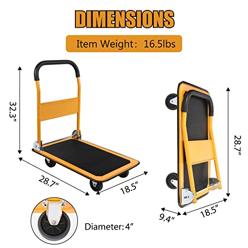 LEADALLWAY Foldable Push Cart Platform Truck 330lbs Capacity with 2 Ropes | 4 Wheels, 28.7"x18.5"x32.3", Small Flatbed Cart, Yellow, Protable - color: Yellow
