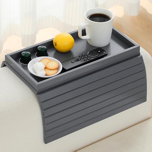 Bamboo Couch Arm Tray Table，Foldable Sofa Armrest Tray Table for Couch，Flexible and Anti-Slip Couch Arm Cup Holder，Portable Sofa Arm Chair Table for Drink,Cups, Eats，Snacks, Phone, Remote (Gray) - color: Gray