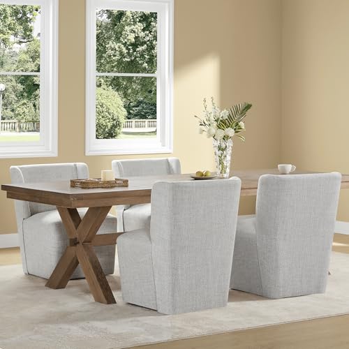 KISLOT Upholstered Dining Chairs Set of 1 with Casters, Wingback Modern Side Armless Deskchair with Rollers for Diningroom Bedroom Livingroom Reading Room, Light Grey Fabric - color: A Light Grey Fabric, size: Set of 1