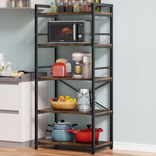 Denkee 5-Tier Bakers Rack for Kitchen with Storage, Industrial Microwave Stand Shelf, Coffee Bar for Small Spaces, Free Standing Kitchen Storage Shelf Rack, 23.7" L x 15.8" W x 60.3" H - color: Rustic Brown