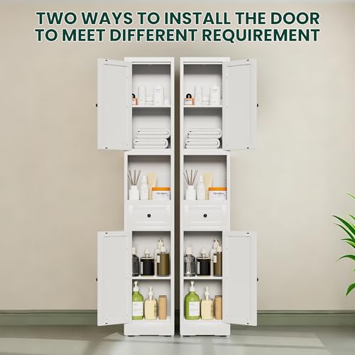 71" Tall Metal Bathroom Cabinet, 12" Slim Freestanding Locker with 2 Door & 1 Drawer, Narrow Storage Cabinet with Adjustable Shelves, for Small Spaces, Bathroom, Living Room, Modern - White