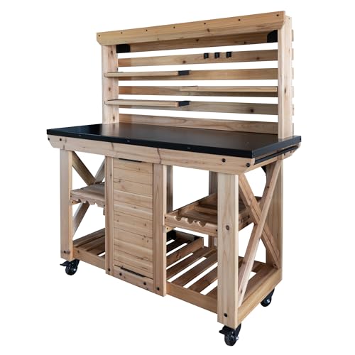 Backyard Discovery 48" Cedar Wood Buffet Hutch Serving Station with Galvanized Steel Countertop, Wine Rack, Wine Glass Rack, Trash Bin, Modular Shelves, Towel Bar, Drink and Food Prep, Indoor/Outdoor - style: With Decorative Shelves and Steel Countertop