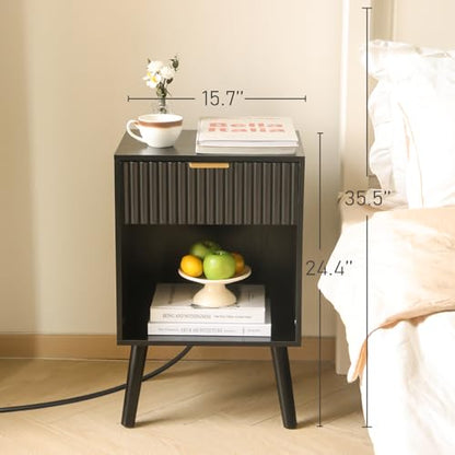 Fultyle Fluted Black Nightstand with Charging Station, Mid Century Modern Bedside Table with Drawers and Outlet, Side Tables Living Room, Wooden Night Stand for Bedroom, Office (Black) - color: Black With Charging Station