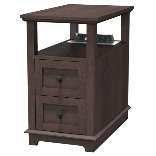 HIFYOBRO Narrow End Table with Flip Top Charging Station, 2 Drawers Couch Side Table, Type-C USB Ports & Power Outlets, Nightstand for Living Room Bedroom - color: Cherry, size: 1 Piece