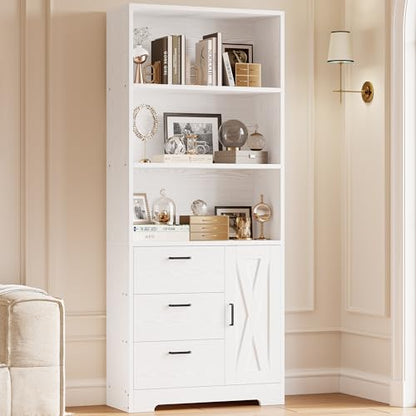 IRONCK Bookshelf with Doors and 3 Drawers 71 in Tall Bookcase with 3-Tier Shelves, Industrial Book Shelf with Storage for Living Room Entrance Hallway Home Office, White - color: White