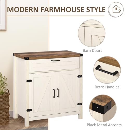 HOMCOM Sideboard, Storage Drawer, Coffee Bar Cabinet, Distressed White | Kitchen Cabinet, 2 Barn Doors, Modern Farmhouse - color: Distressed White