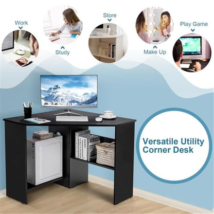 Pemberly Row Corner Computer Desk, Black Finish, Compact Triangle Design, Cable Management Holes, Spacious Storage Shelves, Scratch-Resistant Surface, Versatile Home Office or Bedroom Workstation