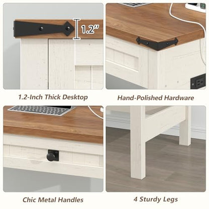 YOMILUVE Farmhouse Computer Desk with 2 Drawers, 39 Inch Small Office Computer Desk with Power Outlets, Compact Writing Study Desk for Small Spaces, Antique White - color: Antique White