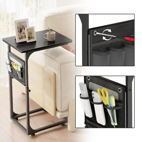 Fixwal C Shaped End Table Adjustable Height Side Table for Couch, TV Tray with Storage Bag Slide Under Sofa Small Tables for Living Room, Bedroom & Office, Black - color: Black, style: Long Board