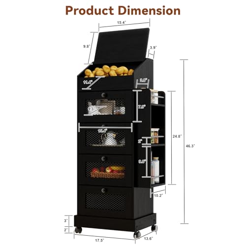 ARTETHYS Potato Storage Bin 5-Tier Rolling Black Bread Box with Side Rack | Onion Keeper with Spice Rack on Wheels, Movable Fruit & Vegetable Container with 4 Ventilated Drawers for Kitchen - color: Black