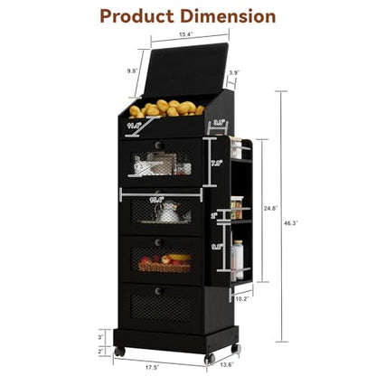 ARTETHYS Potato Storage Bin 5-Tier Rolling Black Bread Box with Side Rack | Onion Keeper with Spice Rack on Wheels, Movable Fruit & Vegetable Container with 4 Ventilated Drawers for Kitchen - color: Black