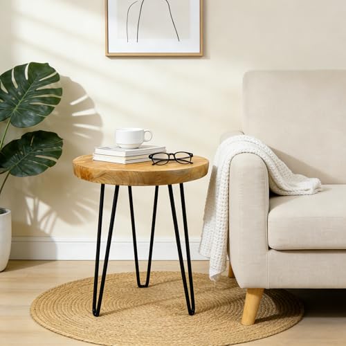 Round Live Edge Wood End Table, 14" Small Natural Wood Side Table with Hairpin Legs, Rustic Modern Nightstand, Small Wood Coffee Table for Living Room Bedroom Office - size: 14" L x 14" W x 17" H