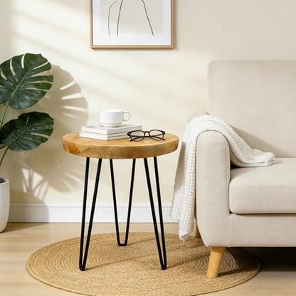 Round Live Edge Wood End Table, 14" Small Natural Wood Side Table with Hairpin Legs, Rustic Modern Nightstand, Small Wood Coffee Table for Living Room Bedroom Office - size: 14" L x 14" W x 17" H