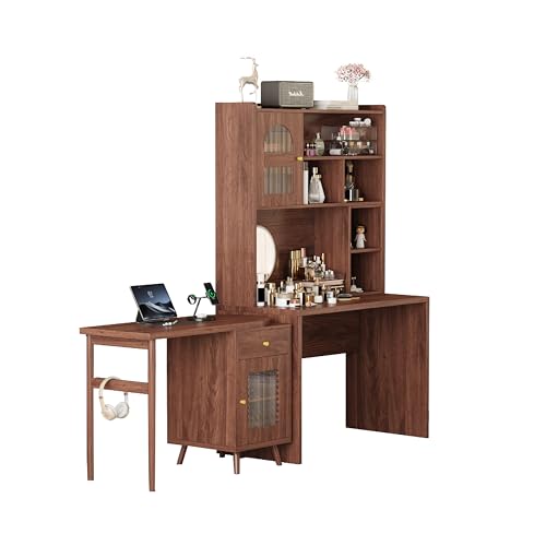 Bellemave Computer Desk with 90 Degree Rotating Desktop, 43x70 Inch Home Office Desk with Drawer and Storage Cabinets, Gaming Desk with Shelves, Writing Desk for Study (Walnut) - color: Walnut