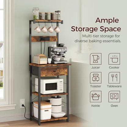 MAHANCRIS Bakers Rack with Drawer, Microwave Stand with Power Outlet, Coffee Bar Station with 4 Hooks, Kitchen Storage Shelf Rack 4 Tiers, for Kitchen, Dining Room, Rustic Brown and Black BRHR48E01 - color: Rustic Brown and Black