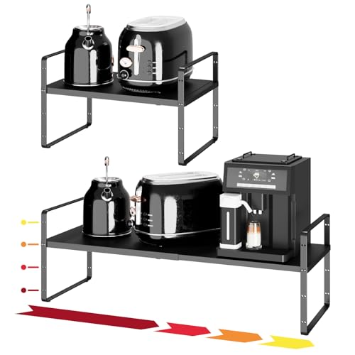 16.5~27.1" Expandable Shelf Organizer, 1Pack 10.2" Wide Stackable Cabinet Shelf Organizers, Black Metal Sturdy Kitchen Counter Storage for Countertop, Adjustable Height Spice Rack - color: Black, size: 1Pack-10.2''W-Holeless