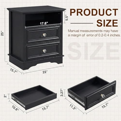 Brafab Bedside Table Set of 2 with Hidden Drawer, 25" Tall | Black Night Stand with 2 Drawers and Open Shelf, Classic Wood Night Stands with Secret Storage for Bedroom, Guest Room - color: Black