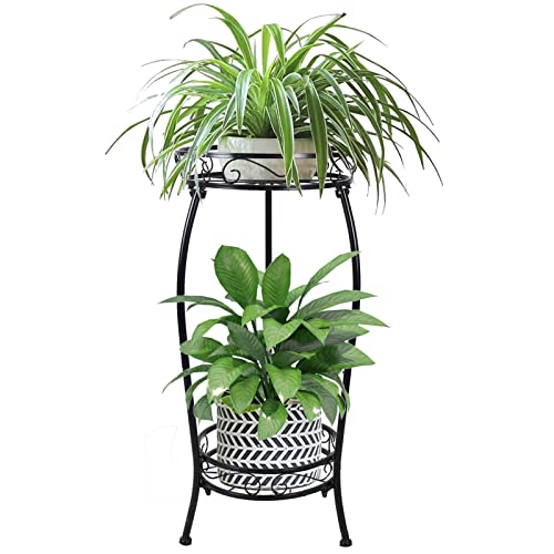MOCORY Plant Stand Indoor Outdoor 2 Tier 25" Tall Metal Potted Holder Flower Pot Stand Heavy Duty Plant Shelf Rustproof Iron Multiple Plant Round Supports Rack for Planter Corner Garden Balcony Patio - color: Black