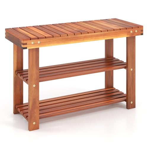 Tangkula Acacia Wood Shoe Rack Bench, 3 Tier Sturdy Storage Organizer, Holds up to 180lbs for Entryway Bedroom Living Room Balcony, Teak Color (27.5-inch) - size: 27.5-inch