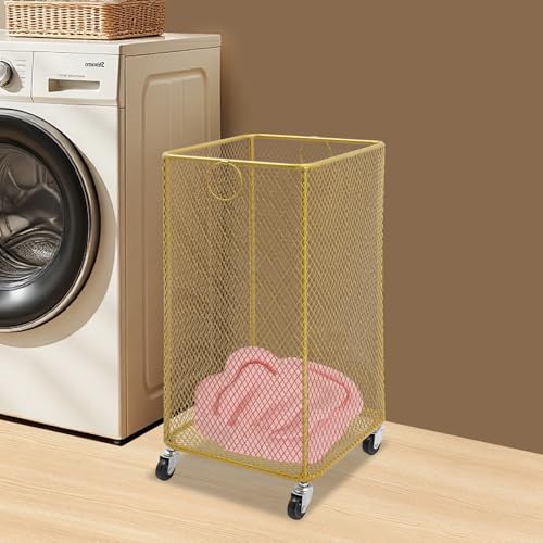 Metal Laundry Basket Cart, Rolling Laundry Hamper with Wheels, Freestanding Square Mobile Storage Cart, Raised Bottom, Round Handles, Hollow Mesh (Gold, 11.8x11.8x21.7in) - color: Gold, size: 11.8x11.8x21.7in