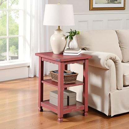 Alaterre Furniture Country Cottage Rustic Farmhouse Nightstand – 3-Tier Narrow End Table with Weathered Faded Finish, Carved Edges, & Turned Legs (Distressed Antique Red)