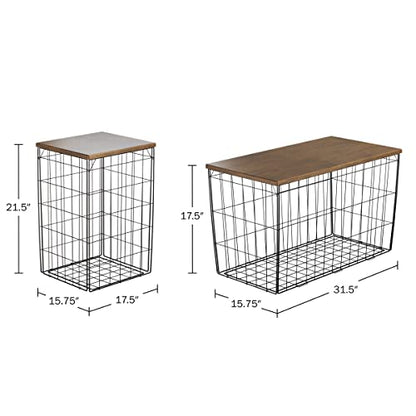 Lavish Home End Tables and Coffee Table Set of 3, Brown/Black | 31.5”/14.13” Foldable Living Room Tables with Metal Storage Baskets and Removable Lids, 2 Small Side and 1 Large Coffee Table - color: Brown Square 3