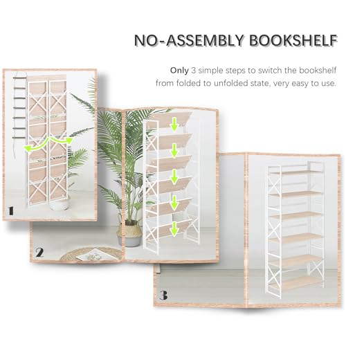 4NM 6 Tiers No Assembly Book Shelves, 61.8" H Folding Bookshelf Bookcase Open Industrial Foldable Shelves for Bedroom, Living Room, Home Office - Natural White - color: Natural White, size: XX 6-Tier