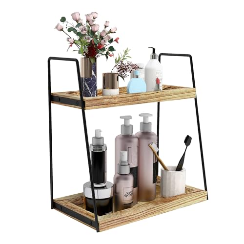 Dorhors Bathroom Counter Organizer,Vanity Countertop Storage Shelf | 2 Tier Rustic Brown Counter Storage for Bathroom Kitchen,Dresser,Wood Standing Rack for Skincare,Perfume,Makeup - color: Brown
