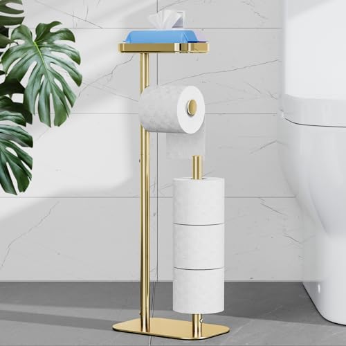 Kitsure Metal Toilet Paper Holder Free Standing, Medium, Chrome Gold | Rustproof Toilet Paper Stand for 4 Rolls, Bathroom Organizers and Storage with Anti-Slip Base and Plastic Shelf - color: Chrome Gold, size: Medium - 1 Pack